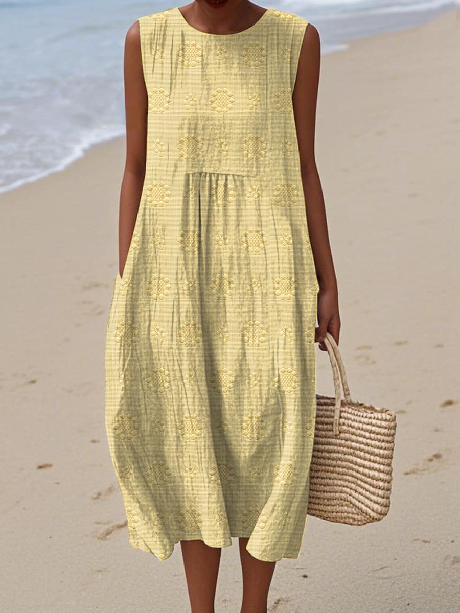 Robe Midi Texturée Olivia Sans Manches Avec Motifs Circulaires Subtils Pour Jours Ensoleillés Et Weekends