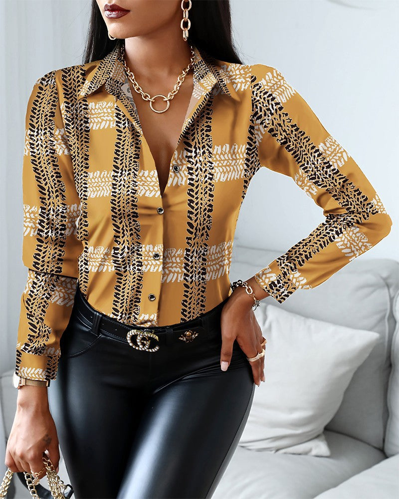Chemise Femme À Boutons Motif Chaîne Imprimé Col Classique Manches Longues Élégante Polyvalente Pour Tenues Décontractées