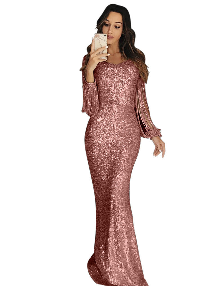 Damen elegantes Pailletten Abendkleid mit schmeichelndem Schnitt und langen Ärmeln Amawinc