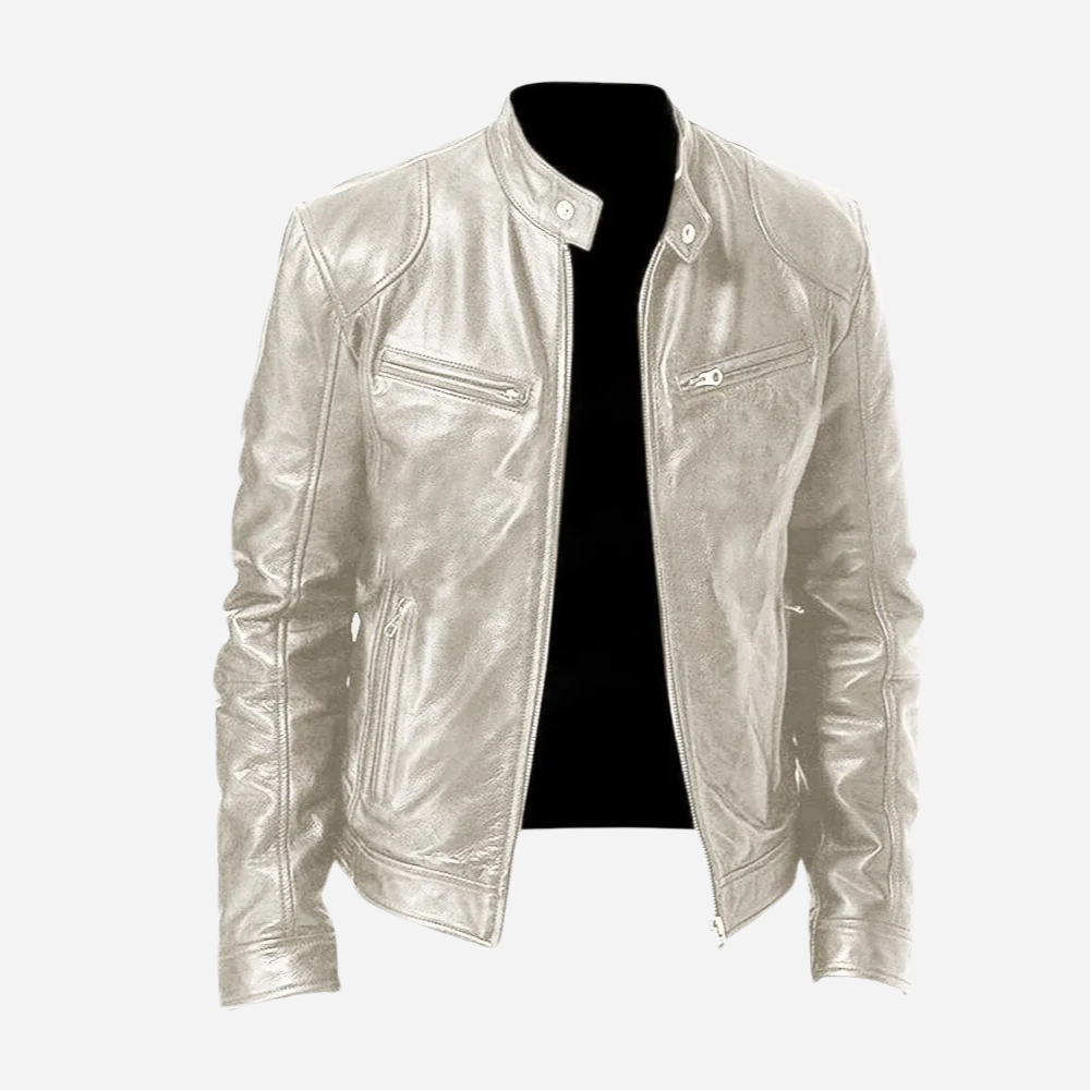 Veste Biker Homme en Cuir Véritable Slim Fit Col à Pressions et Fermeture Éclair