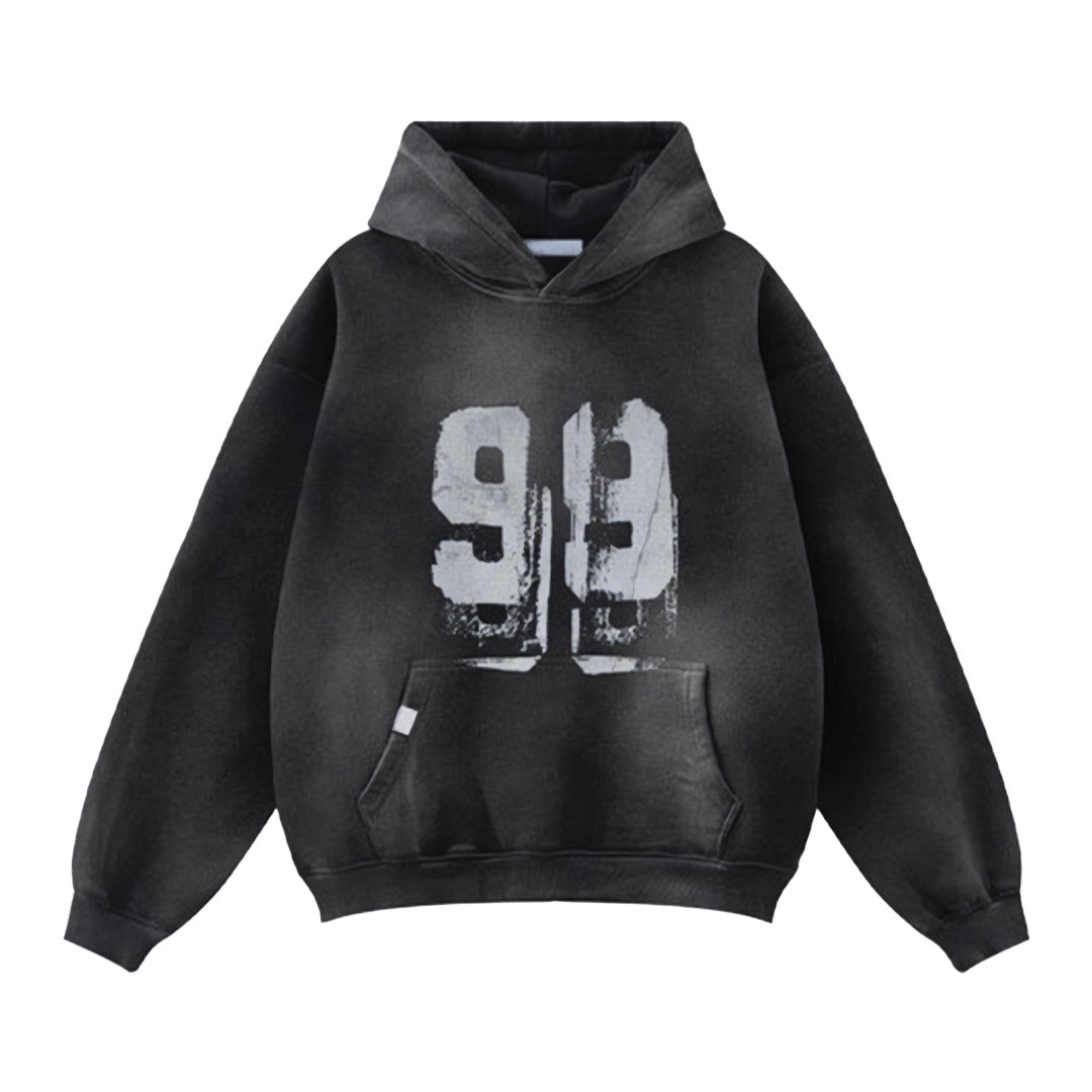 Sweat À Capuche Code 99 En Coton Lourd Garment Dyed Avec Impression Usée 99 Poche À La Taille Coupe Ample