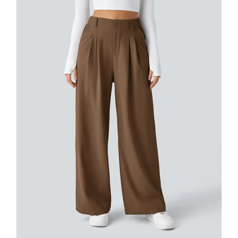 Nomi Pantalon Femme Taille Haute En Maille Gaufre Extensible Coupe Large Drapé Doux Confortable