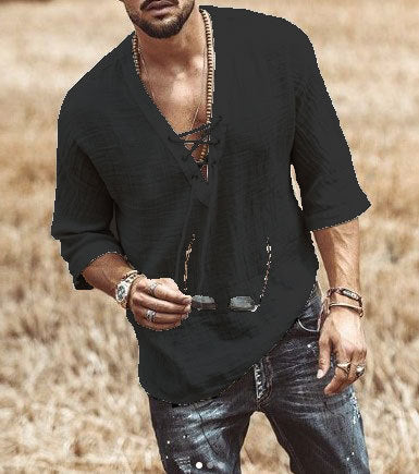 Chemise Homme Ample Amawinc En Coton Respirant Avec Manches Trois Quarts Fermeture En Dentelle