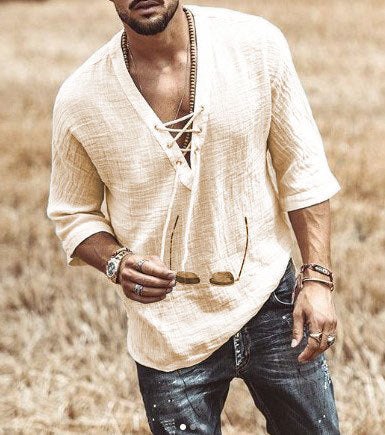 Chemise Homme Ample Amawinc En Coton Respirant Avec Manches Trois Quarts Fermeture En Dentelle