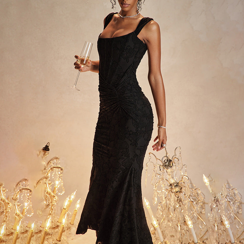 Fudus Fashion Sleeveless Fishtail Dress with Off-the-Shoulder Neckline