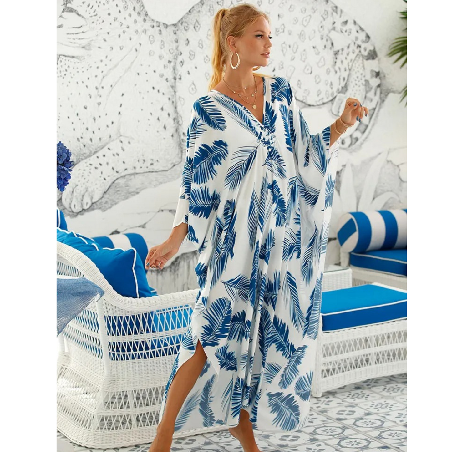 Amawinc Kaftan Femme Décontracté Col En V Plage Léger Et Aérien Vêtement De Plage