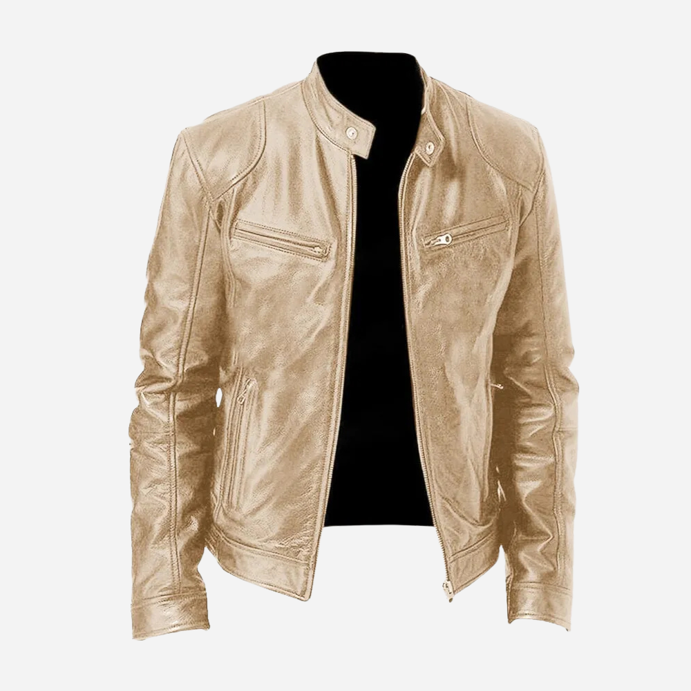 Veste Biker Homme en Cuir Véritable Slim Fit Col à Pressions et Fermeture Éclair