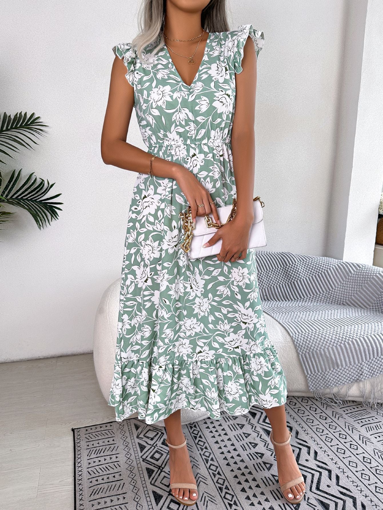Amawinc Robe Nayra Imprimé Floral Midi Avec Manches Volantées En Chiffon Léger Pour Femme