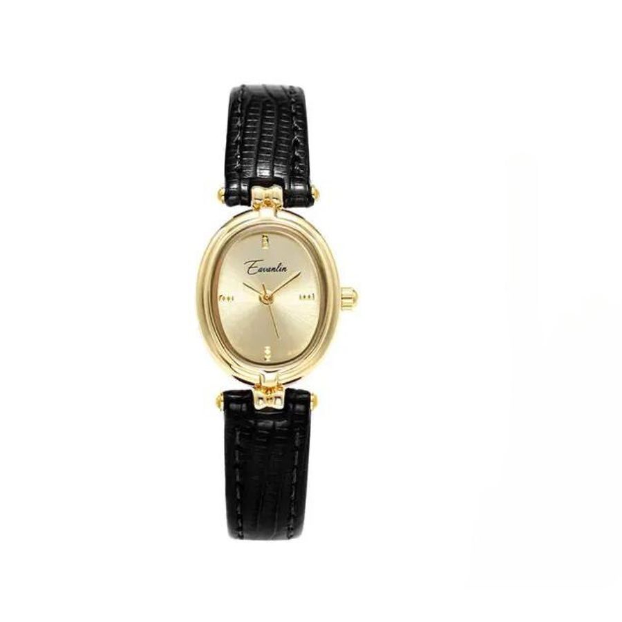 Montre Quartz Rétro Or Cadran Doré Rond et Rectangulaire Mouvement Durable Étanche Bracelet Cuir Véritable Léger