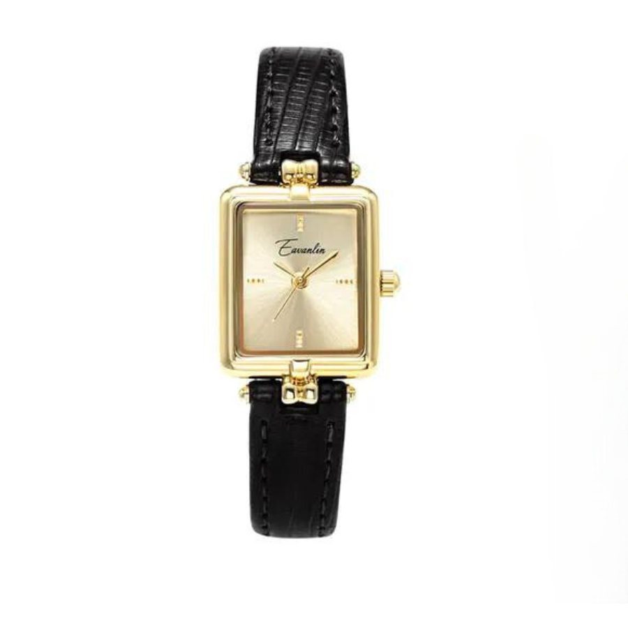 Montre Quartz Rétro Or Cadran Doré Rond et Rectangulaire Mouvement Durable Étanche Bracelet Cuir Véritable Léger