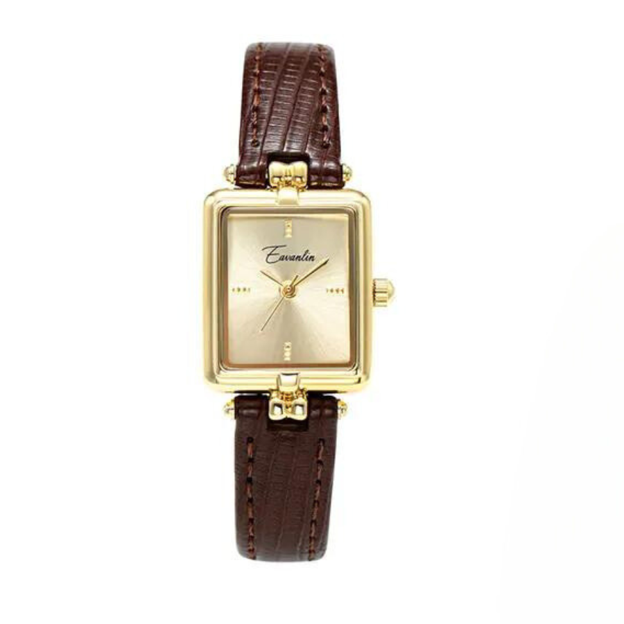 Montre Quartz Rétro Or Cadran Doré Rond et Rectangulaire Mouvement Durable Étanche Bracelet Cuir Véritable Léger