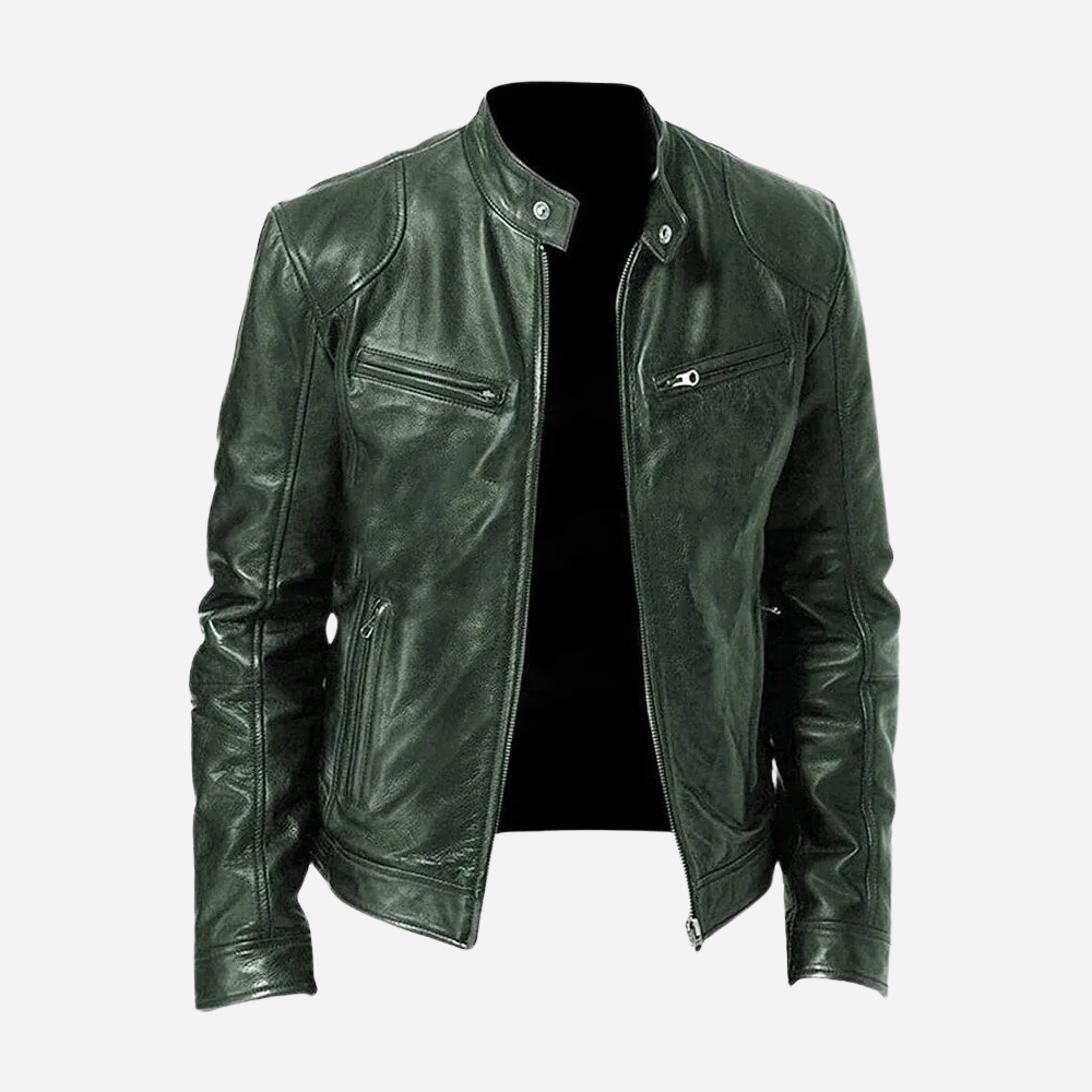 Veste Biker Homme en Cuir Véritable Slim Fit Col à Pressions et Fermeture Éclair