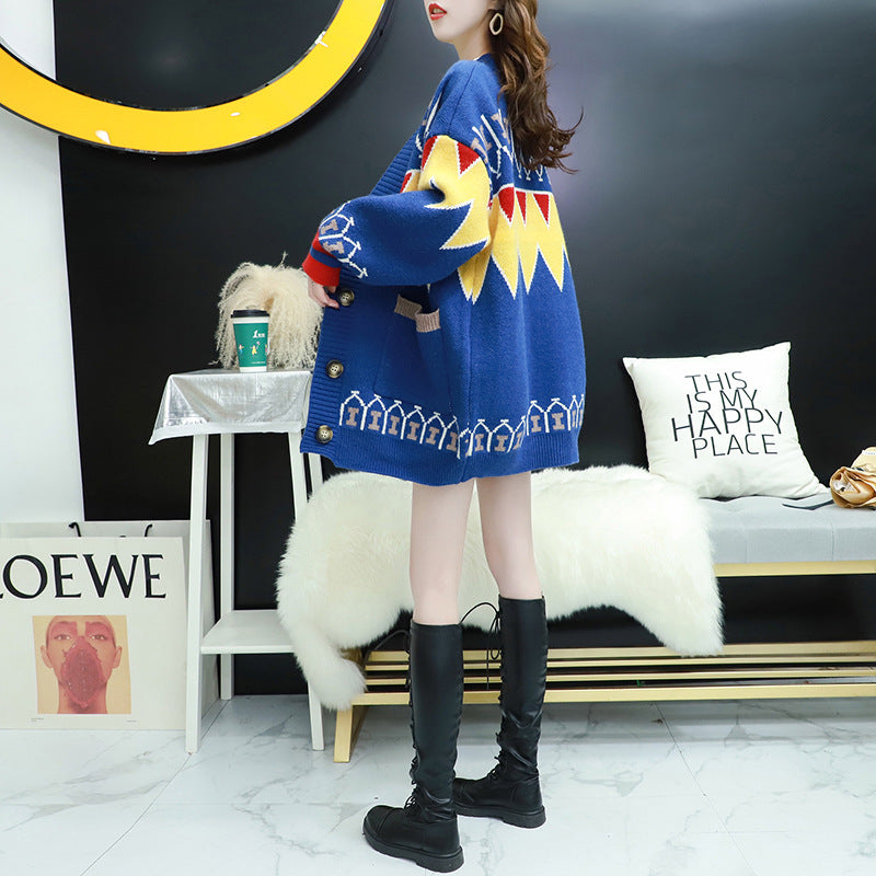 Damen Strickjacke mit farbenfrohem Design und großen Knöpfen Amawinc