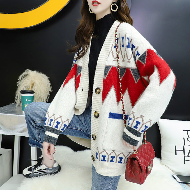 Damen Strickjacke mit farbenfrohem Design und großen Knöpfen Amawinc