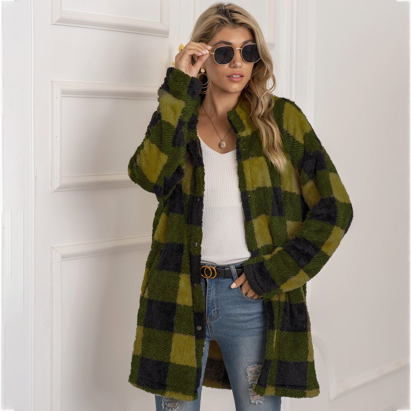 Veste Longue Polaire À Carreaux Colorblock Pour Femme Chaude Confortable Et Élégante Hiver Essentielle