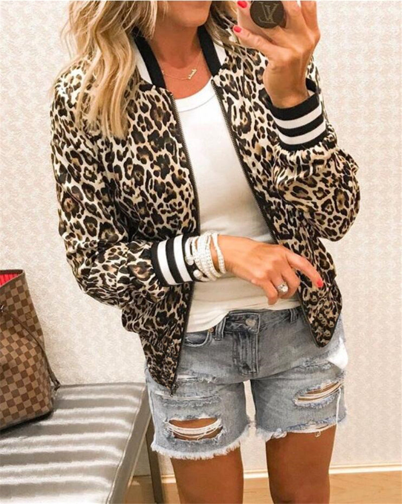 Veste Imprimée Léopard Pour Femmes Automne Hiver Col Rond Manches Longues Coupe Slim Polyvalente Style Moderne