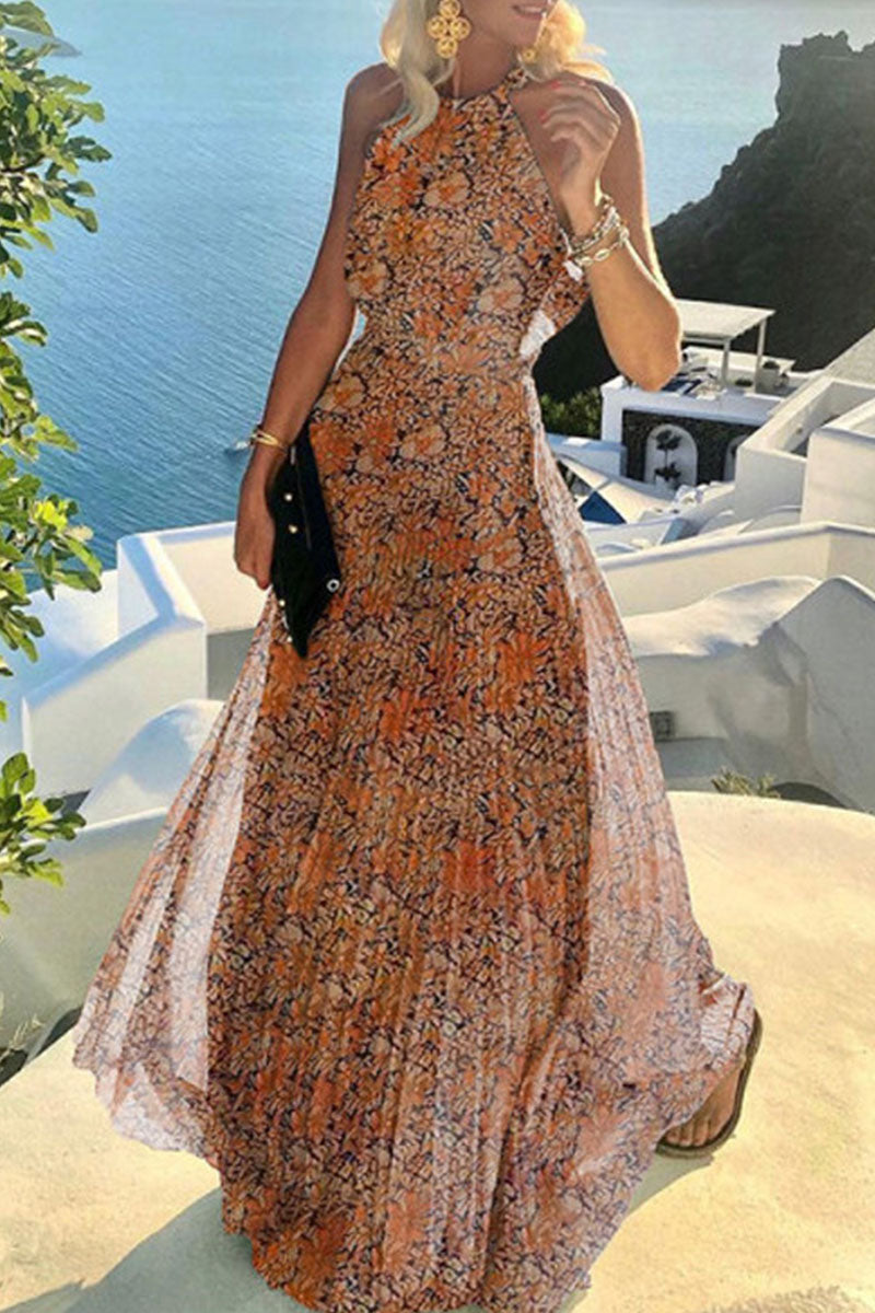 Robe Maxi Femme À Col Halter Légère Et Aérienne À Pois Avec Jupe Plissée Amawinc