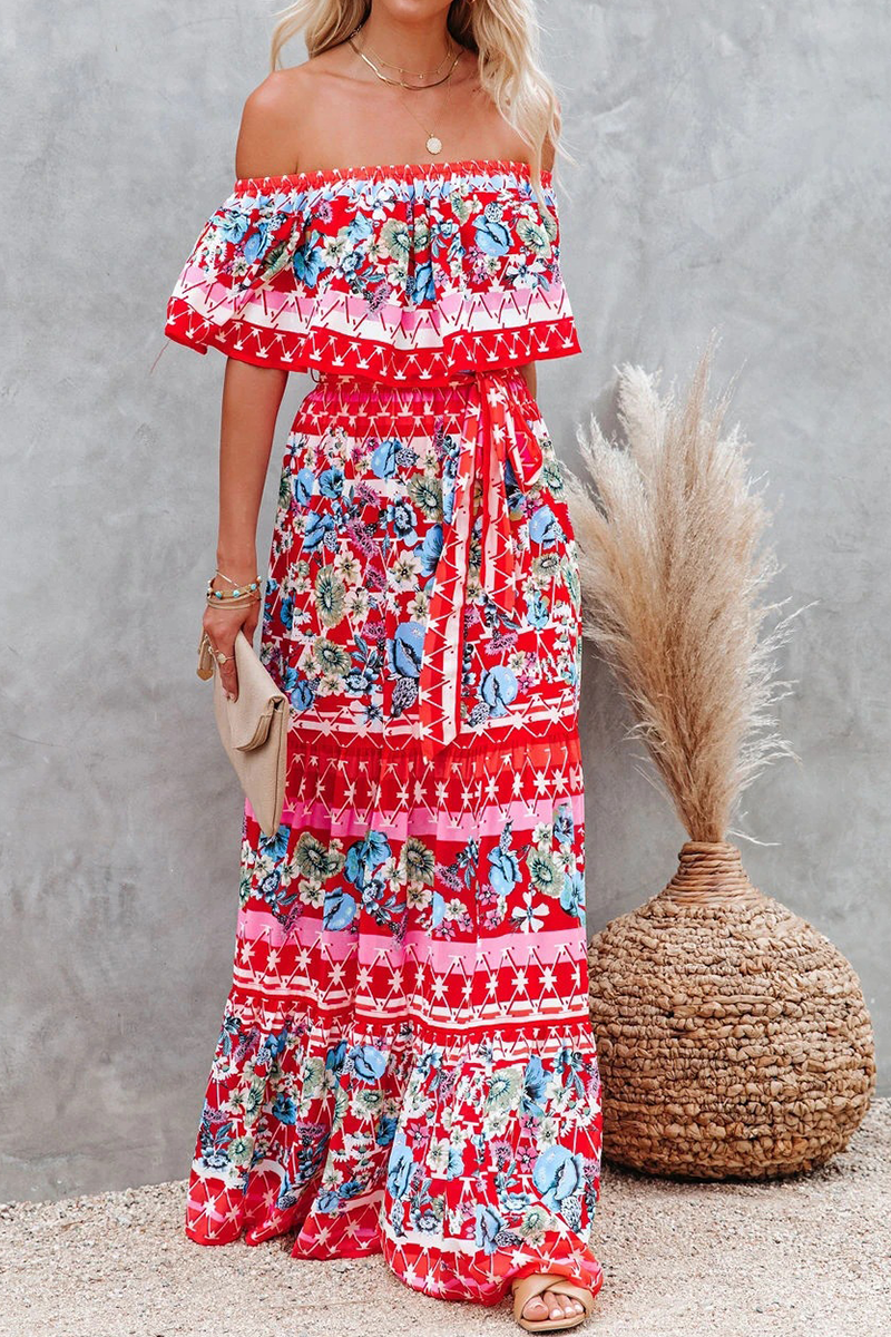 Robe Maxi Femme Bohème Amawinc À Épaules Dénudées Imprimé Fleuri Volants Ceinture À Noeud