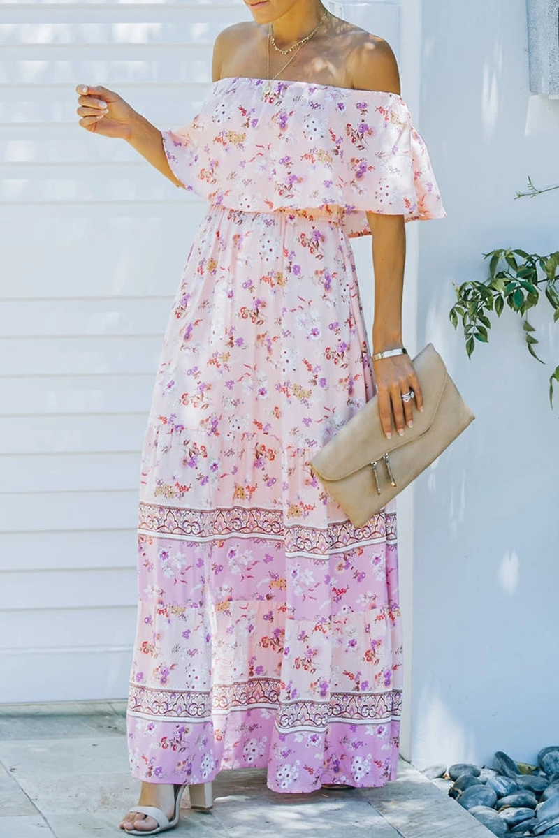 Robe Maxi Femme Bohème Amawinc À Épaules Dénudées Imprimé Fleuri Volants Ceinture À Noeud