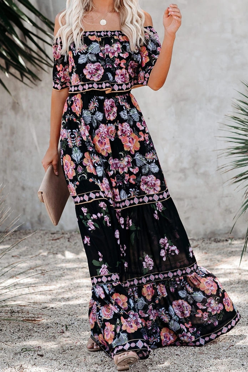 Robe Maxi Femme À Épaules Dévoilées Avec Volants Et Imprimé Floral Ceinture À La Taille