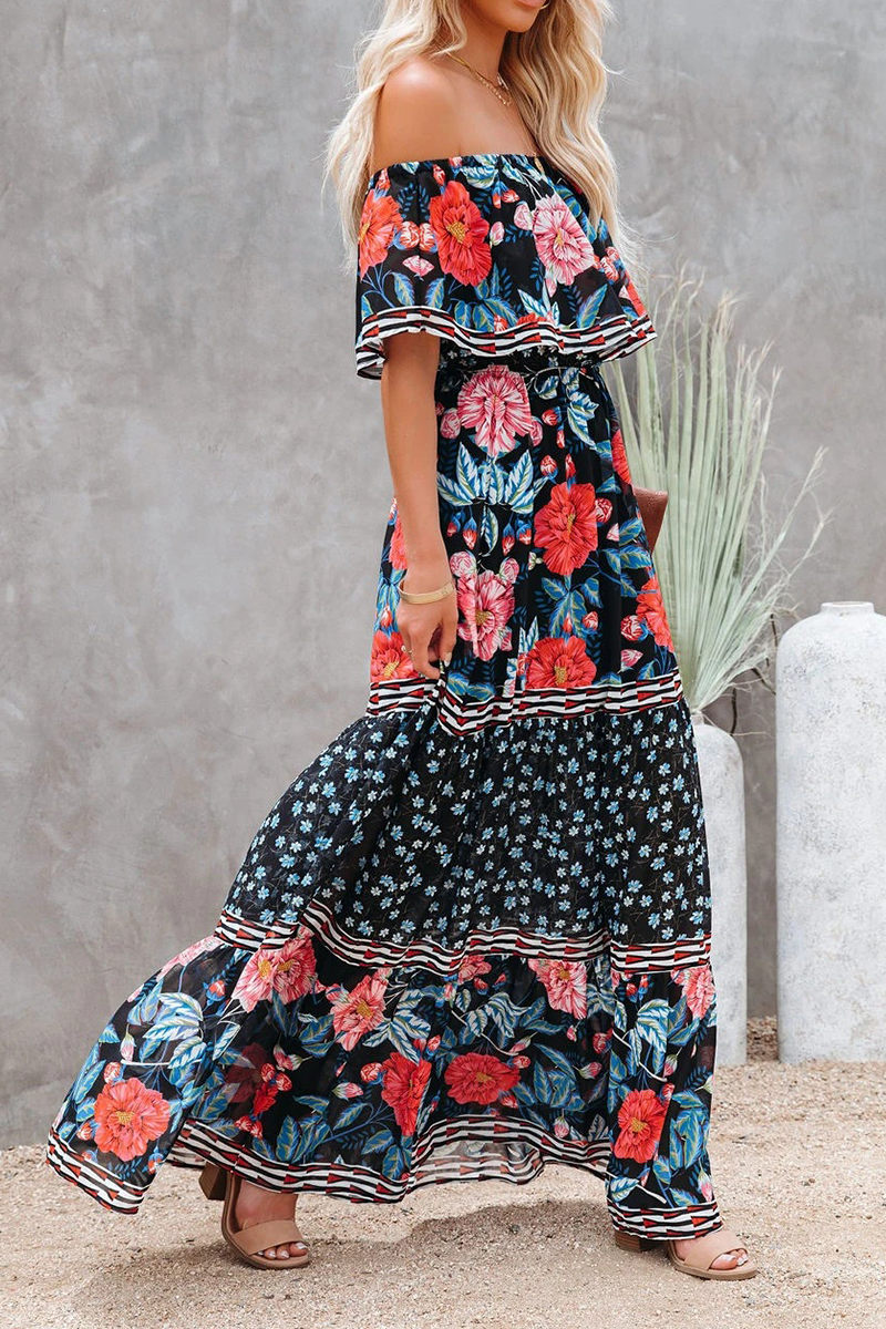Robe Maxi Femme Bohème Amawinc À Épaules Dénudées Imprimé Fleuri Volants Ceinture À Noeud