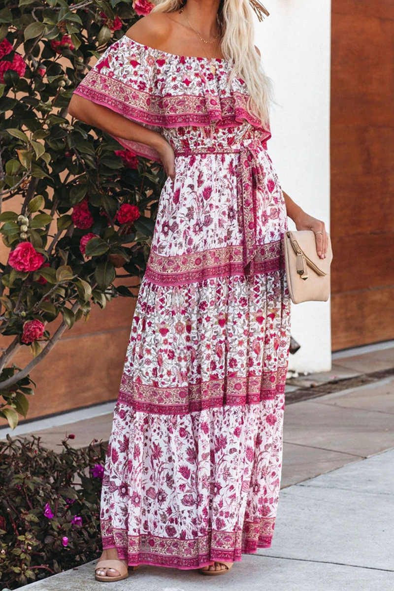 Robe Maxi Femme Bohème Amawinc À Épaules Dénudées Imprimé Fleuri Volants Ceinture À Noeud