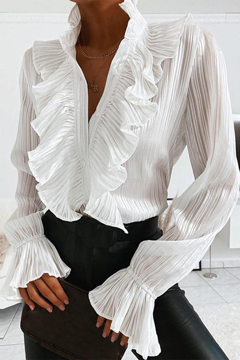 Amawinc Blouse Femme Aspect Denim Brut Avec Détails Volants Fermeture Par Boutons Coupe Ajustée