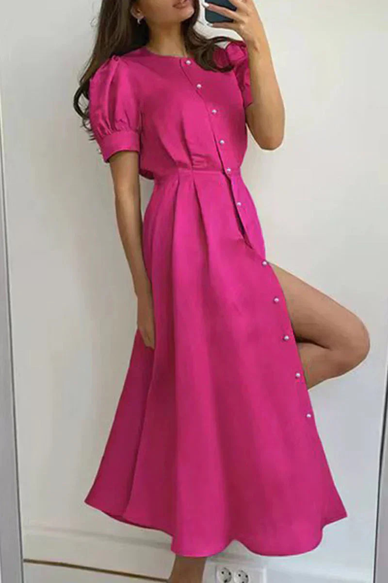 Robe Midi Femme Coupe A Line Manches Bouffantes Fermeture Boutons Look Élégant Satiné Pour Événements
