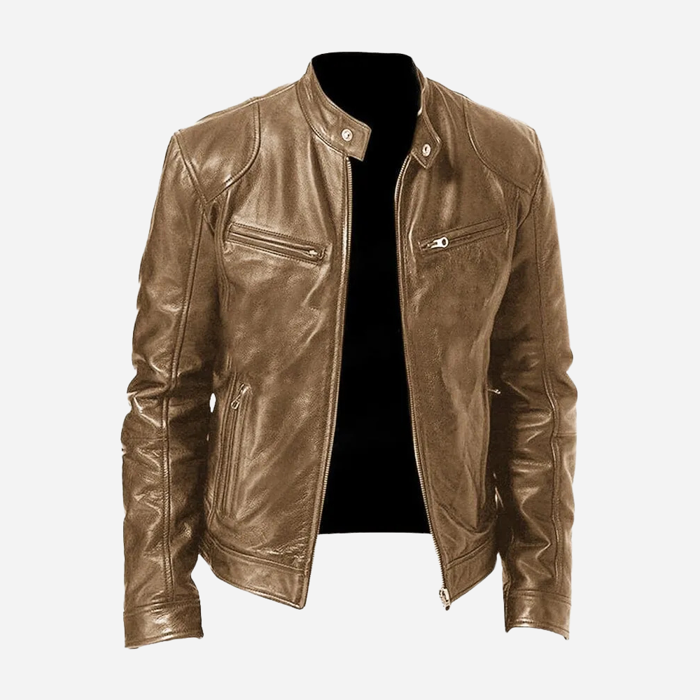 Veste Biker Homme en Cuir Véritable Slim Fit Col à Pressions et Fermeture Éclair