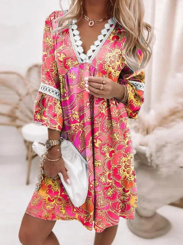 Blumenmuster-Tunika mit Spitze - Bohemian Damenkleid