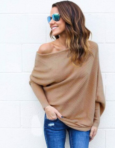 Pull Femme À Épaules Dénudées En Tricot À Côtes Oversize Avec Manches Longues Décontracté