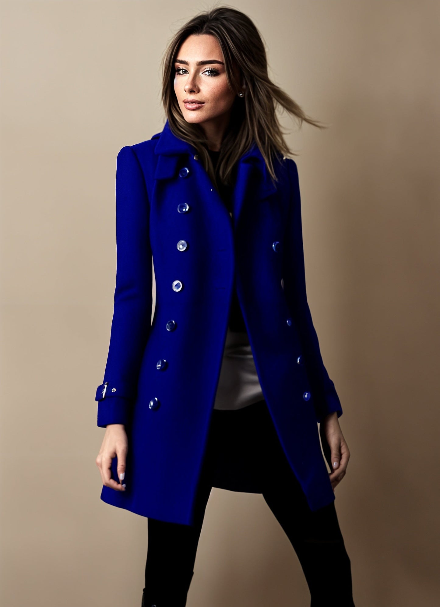 Manteau Femme Double Boutonnage Coupe Ajustée Revers Classique Mélange Laine Premium Pour Travail