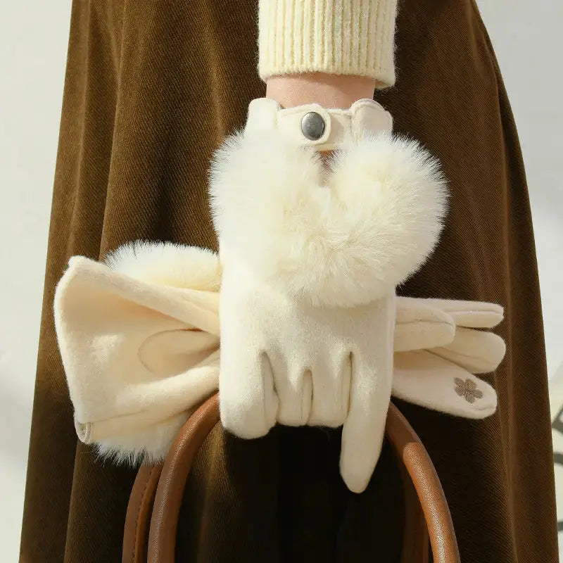 Gants D Hiver En Fausse Fourrure Avec Touches Tactiles Et Mélange Polyester Cashmere Broderies En Fourrure De Lapin