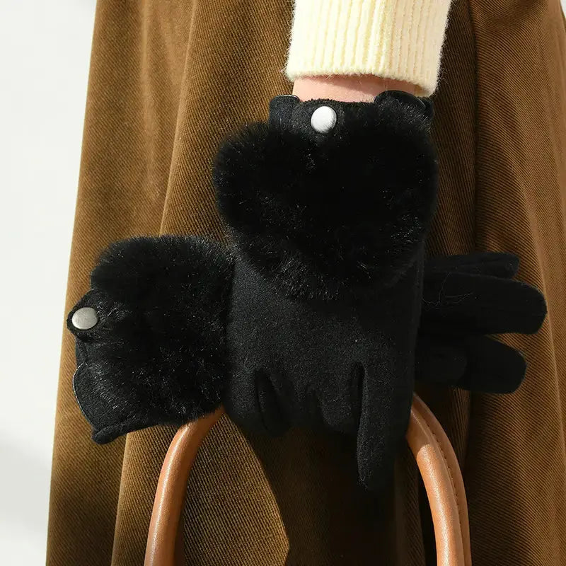 Gants D Hiver En Fausse Fourrure Avec Touches Tactiles Et Mélange Polyester Cashmere Broderies En Fourrure De Lapin