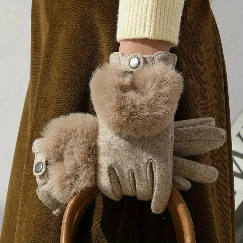 Gants D Hiver En Fausse Fourrure Avec Touches Tactiles Et Mélange Polyester Cashmere Broderies En Fourrure De Lapin