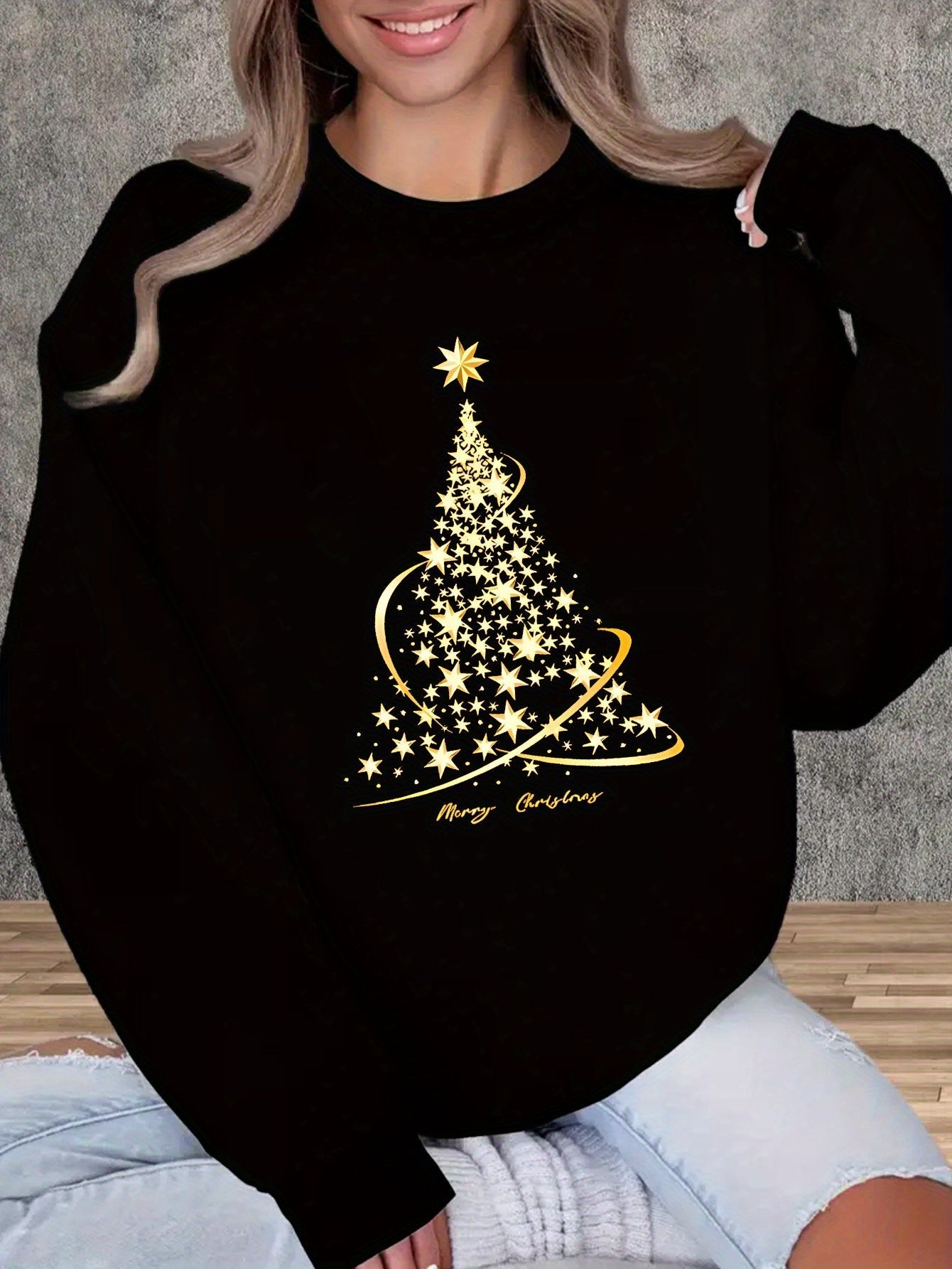 Amawinc | Jul Sweatshirt mit Print Baumwolle Goldener Weihnachtsbaum Design