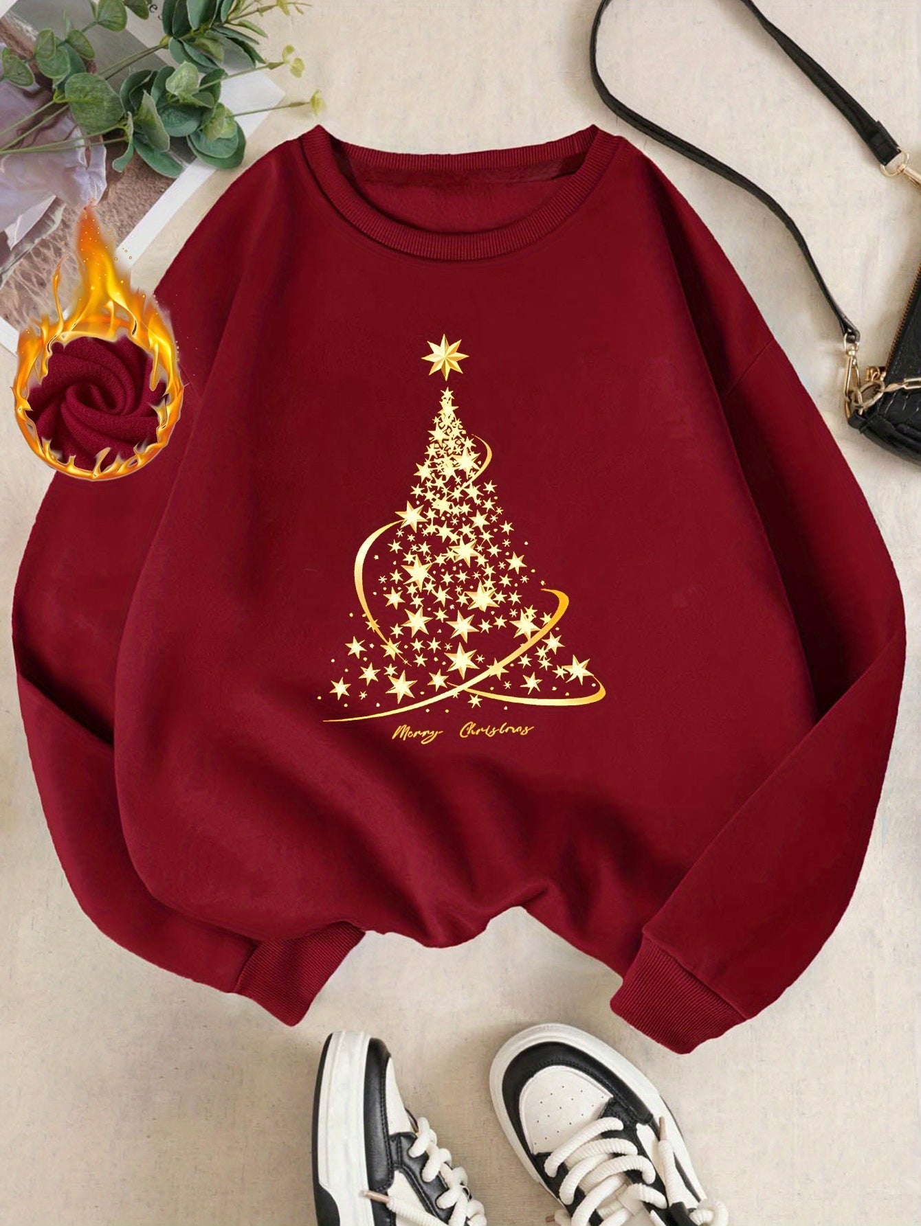 Amawinc | Jul Sweatshirt mit Print Baumwolle Goldener Weihnachtsbaum Design