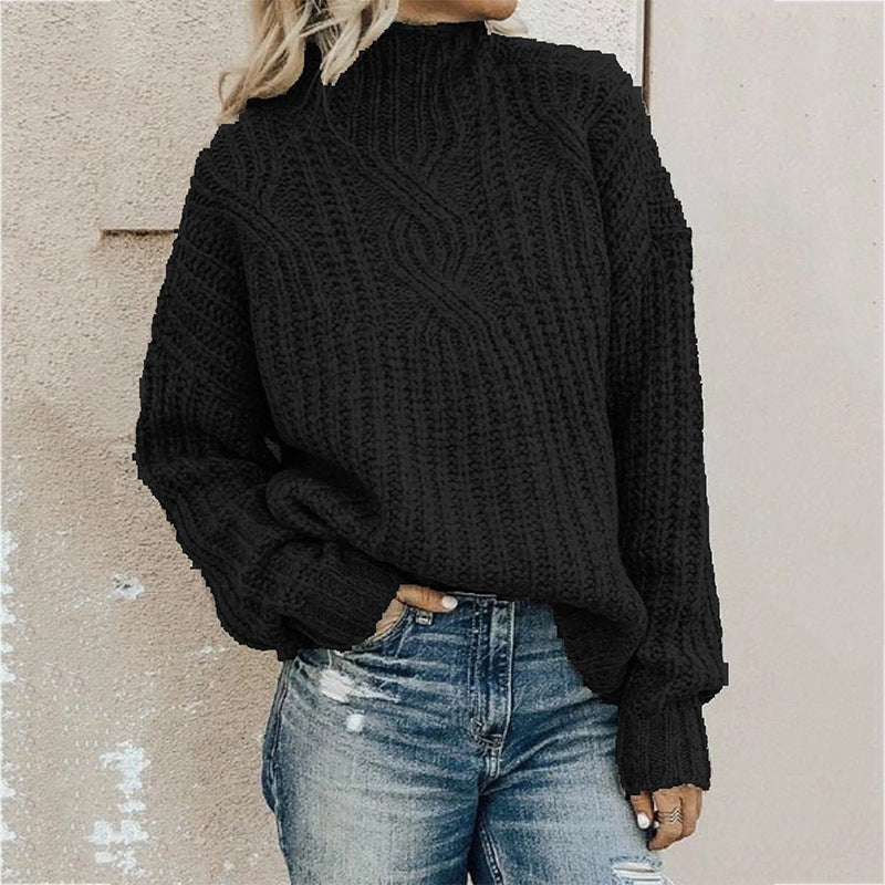 Damen Grober Strickpullover mit hohem Kragen und Zopfmuster Amawinc