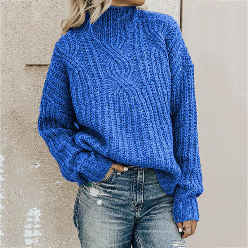 Damen Grober Strickpullover mit hohem Kragen und Zopfmuster Amawinc