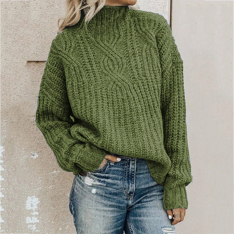 Damen Grober Strickpullover mit hohem Kragen und Zopfmuster Amawinc