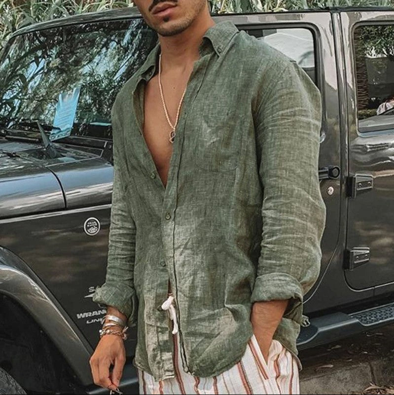 Chemise Homme En Coton Lin Manche Longue Coupe Décontractée Avec Boutons Été Respirante