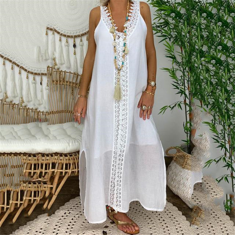 Robe Maxi Femme Décontractée Avec Dentelle Coton Respirant Et Fentes Latérales Pour Été