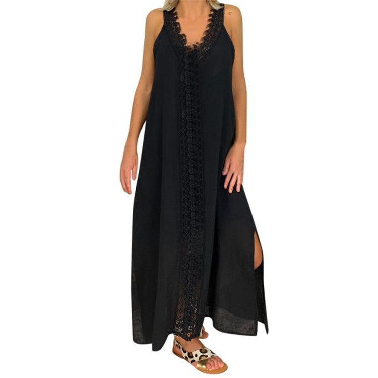 Robe Maxi Femme Décontractée Avec Dentelle Coton Respirant Et Fentes Latérales Pour Été