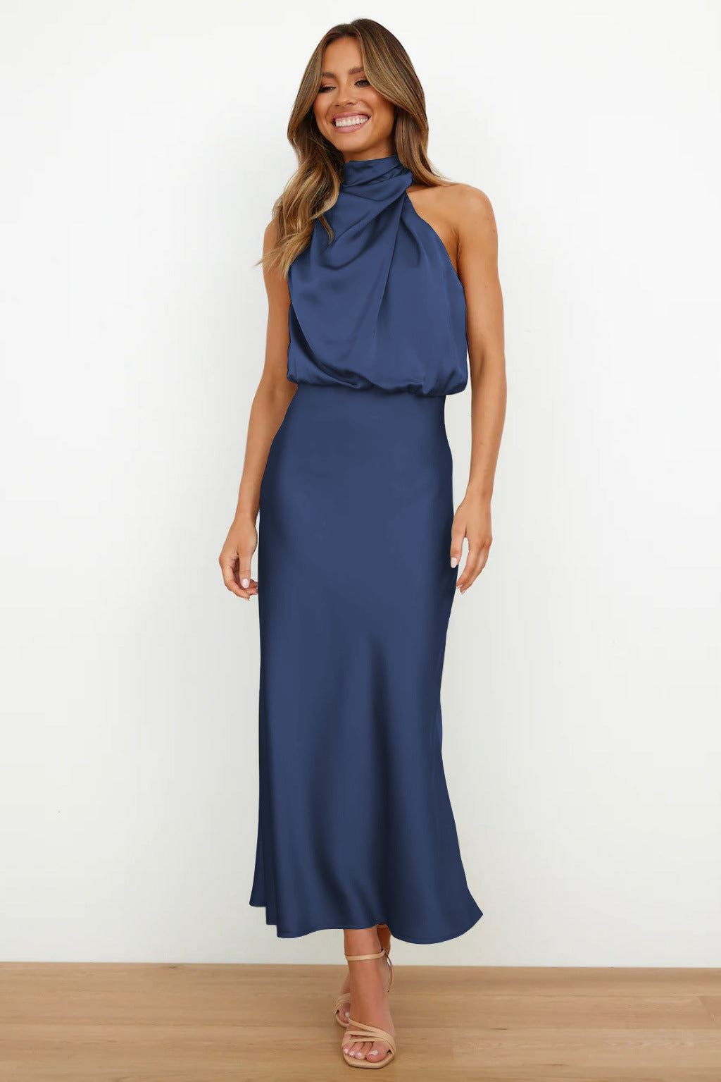 Amawinc Robe Satin Maxi Diane Pour Mariage Fête Soirée Romantique Printemps Été Élégante
