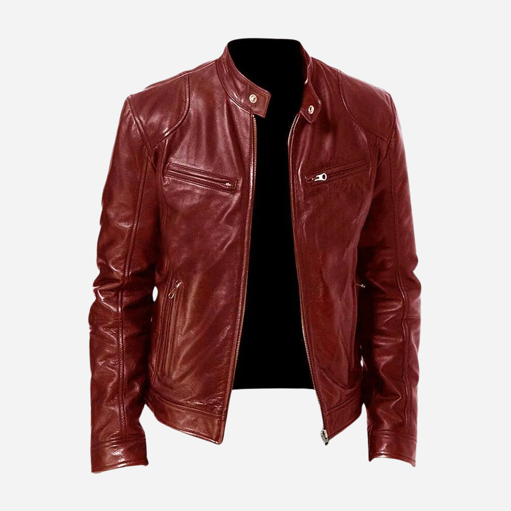 Veste Biker Homme en Cuir Véritable Slim Fit Col à Pressions et Fermeture Éclair