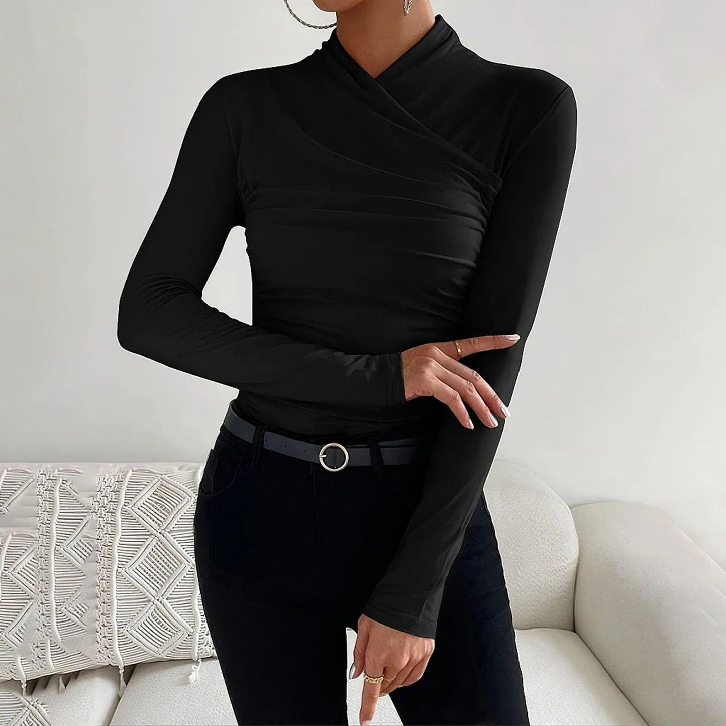 Blouse Cache Coeur Femme Nordique Manches Longues Col Haut Asymétrique Coupe Élégante Slim
