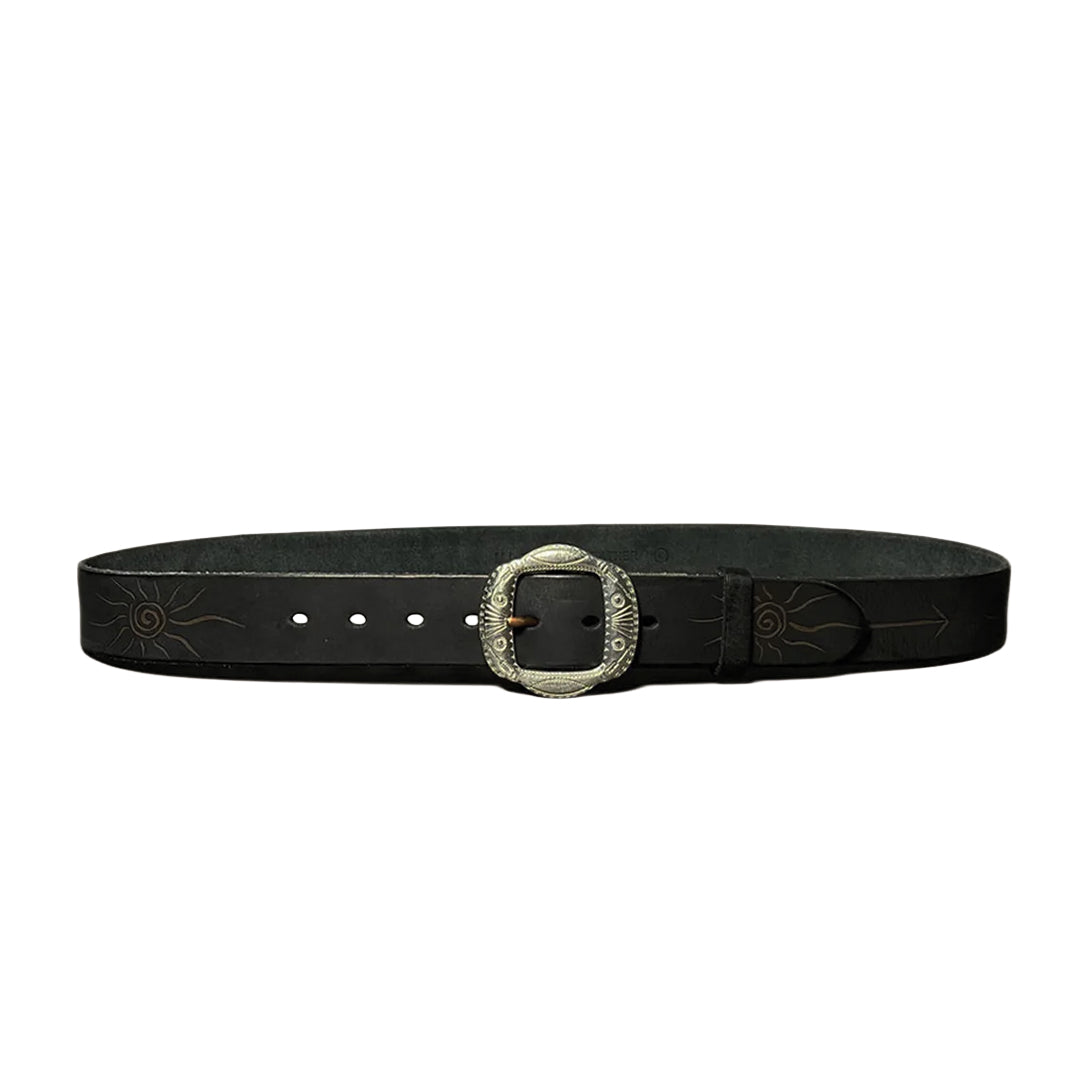 Ceinture En Cuir Véritable Avec Boucle En Acier Gravée Motifs Soleil Et Flèche Artisanale Largeur 4 Cm Tailles Multiples