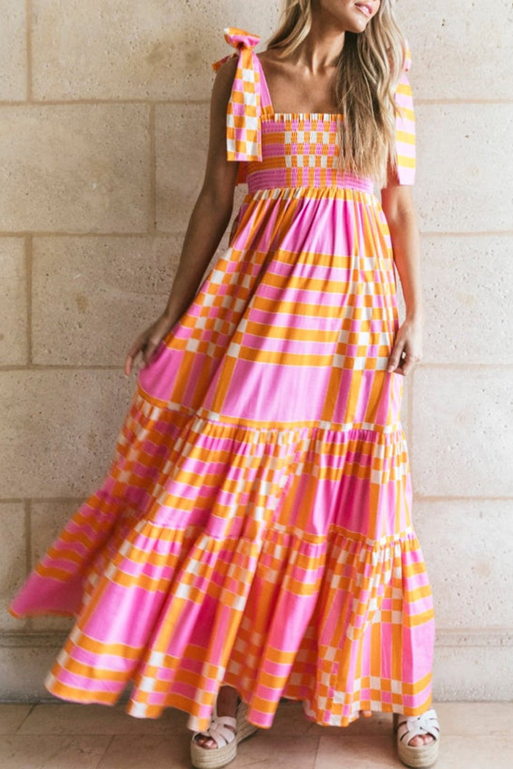 Robe Femme Maxi Longue Aline Bretelles Noeud Motif Carreaux Élégante Et Confortable