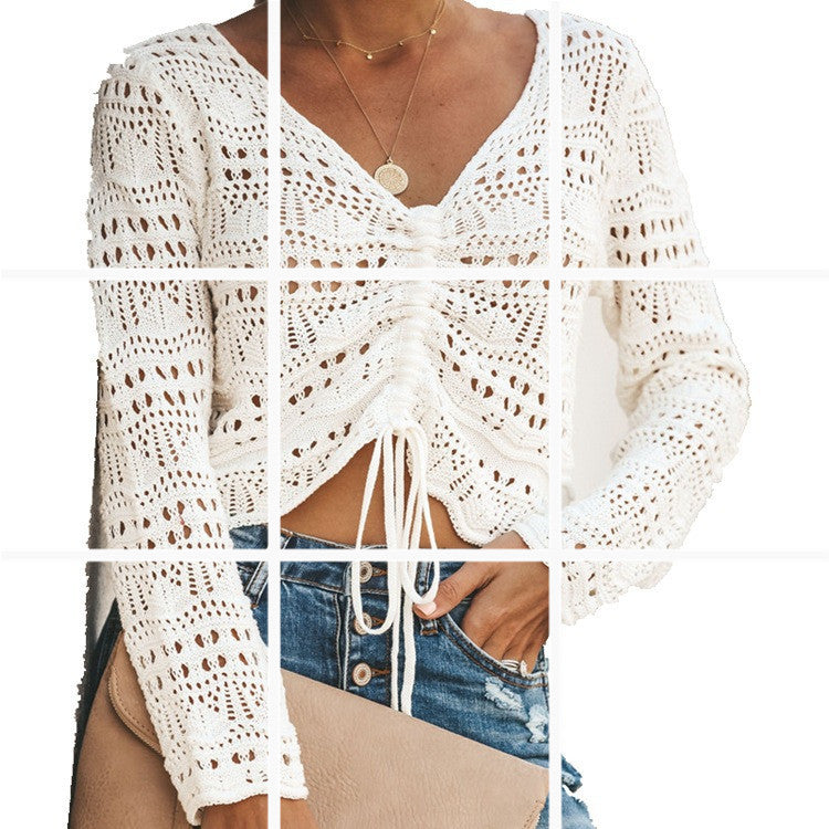 Damen luftige Strickjacke mit raffiniertem Lochmuster und Kordelzug Amawinc