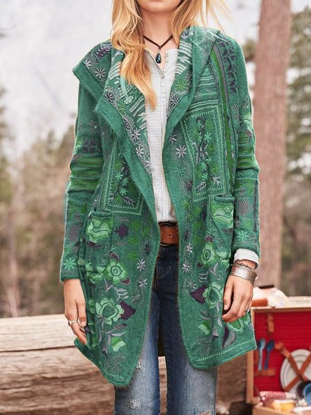 Damen kunstvoll bestickte Strickjacke mit Kapuze und Taschen Amawinc